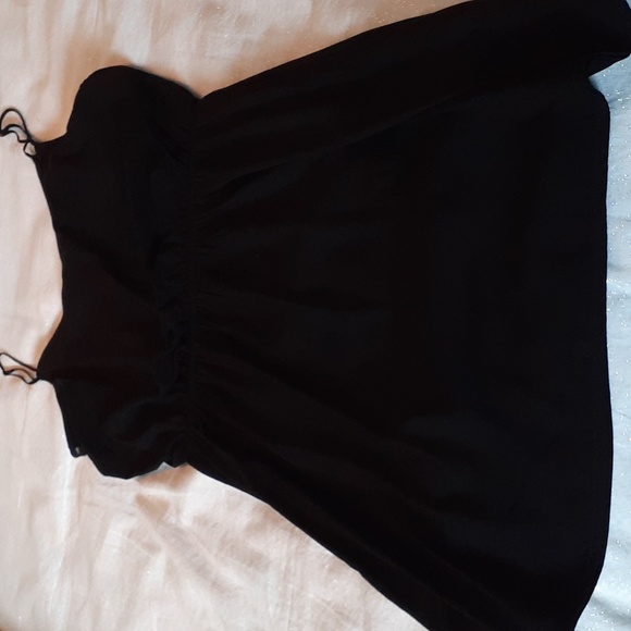 🛍Express Little black Sexy dress mesh trim, drapey front, Skinny straps M - Picture 6 of 6